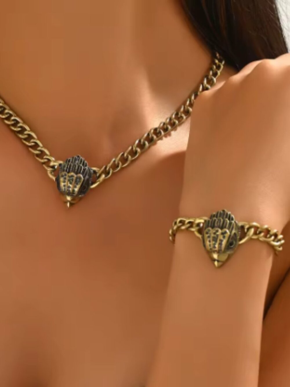 Antique Gold Eagle Head Necklace & Bracelet Set Chunky Curb Chain Punk Jewelry